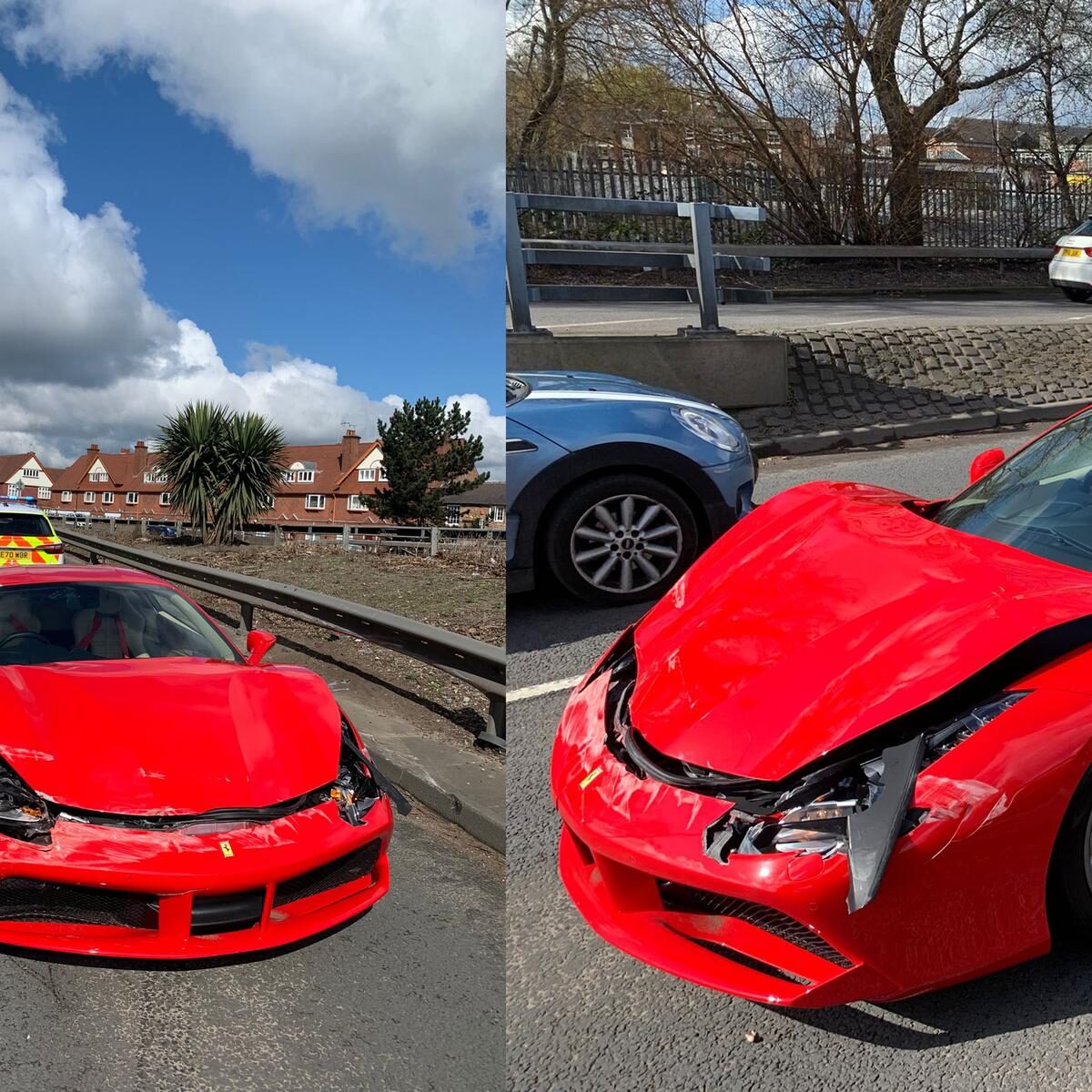 Compró un Ferrari y lo estrelló La dicha de un habitante de Derbyshire Road (Inglaterra) se convirtió en tristeza, pues luego de comprar un lujoso auto Ferrari rojo de 1.247 millones de pesos, lo estrelló tres kilómetros después de sacarlo del concesionario. En imágenes se ve la parte delantera del carro averiada. El sujeto, por fortuna, salió ileso. 