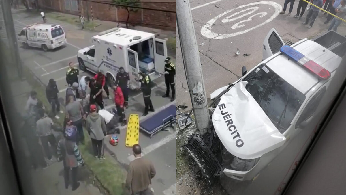 Aparatoso accidente entre vehículo del Ejército y motociclista en Puente Aranda Los dos conductores resultaron heridos en medio del siniestro vial en Puente Aranda.