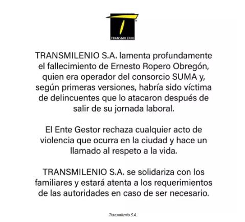 Asesinan a conductor del Sitp en medio de un atraco en Tunjuelito Ernesto Ropero Obregón perdió la vida como consecuencia de un atraco que tuvo lugar la noche del miércoles 24 de enero.