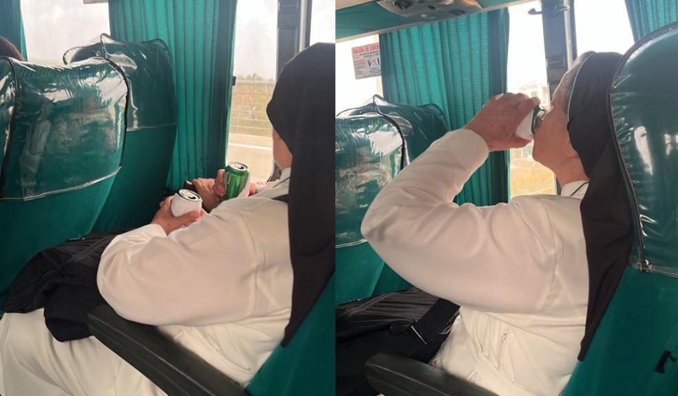 Pillan a monjas tomando cerveza en un bus Por medio de redes sociales se viralizó un video en el que aparecen dos monjas al interior de una flota tomando pola. La escena causó una ola de reacciones.