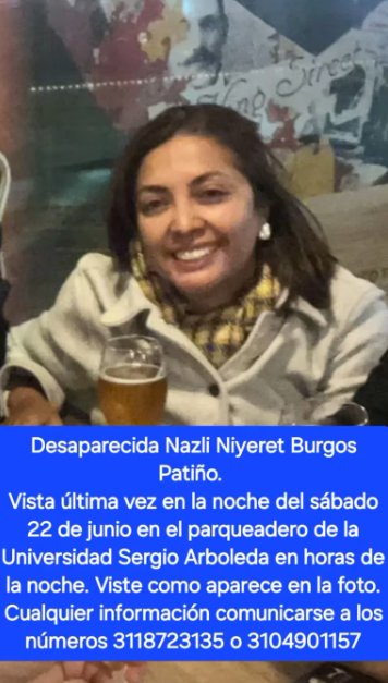 Armada lamenta la muerte de Nazli Burgos, oficial que había desaparecido en Bogotá Este domingo se conoció el fallecimiento de Nazli Niyerete Burgos Patiño, quien fue vista por última vez el pasado 22 de junio en el norte de Bogotá.