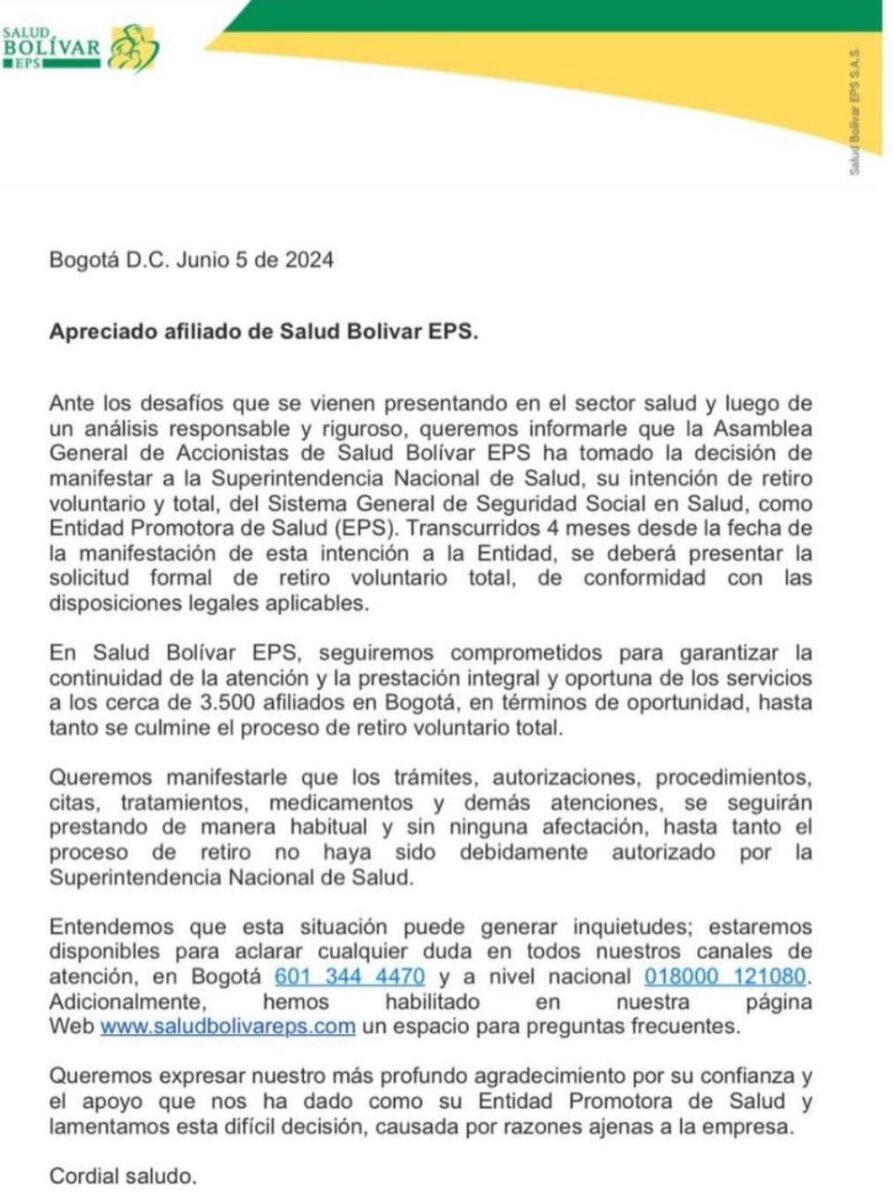 EPS Salud Bolívar solicitó su retiro voluntario del sistema de salud La EPS Salud Bolívar solicitó a la Superintendencia Nacional de Salud su retiro voluntario del sistema.