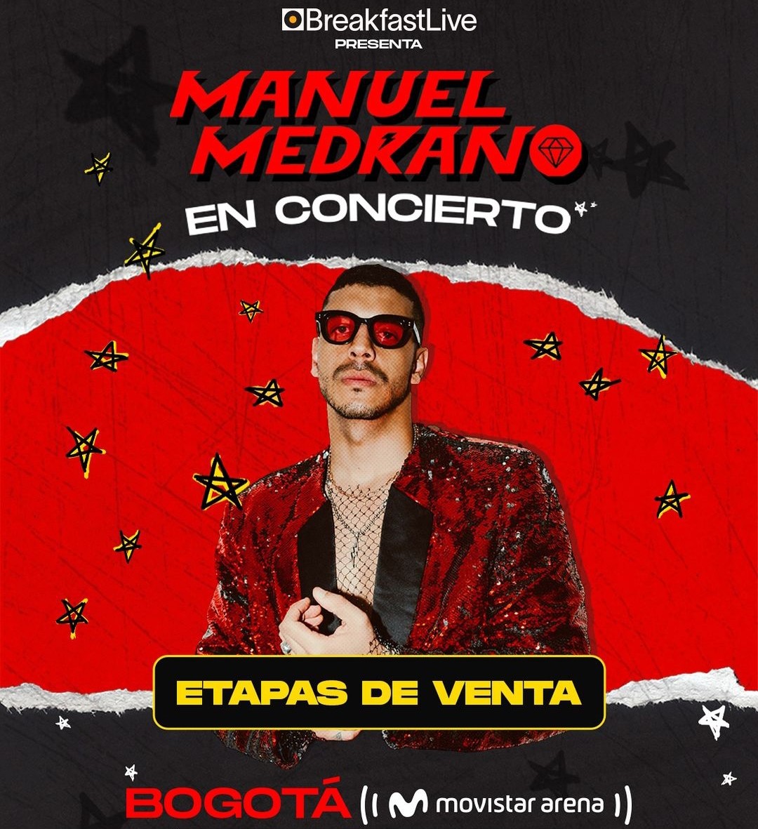 Manuel Medrano anuncia concierto en el Movistar Arena Manuel Medrano le regalará a Bogotá tremendo concierto en el Movistar Arena en noviembre de este año.