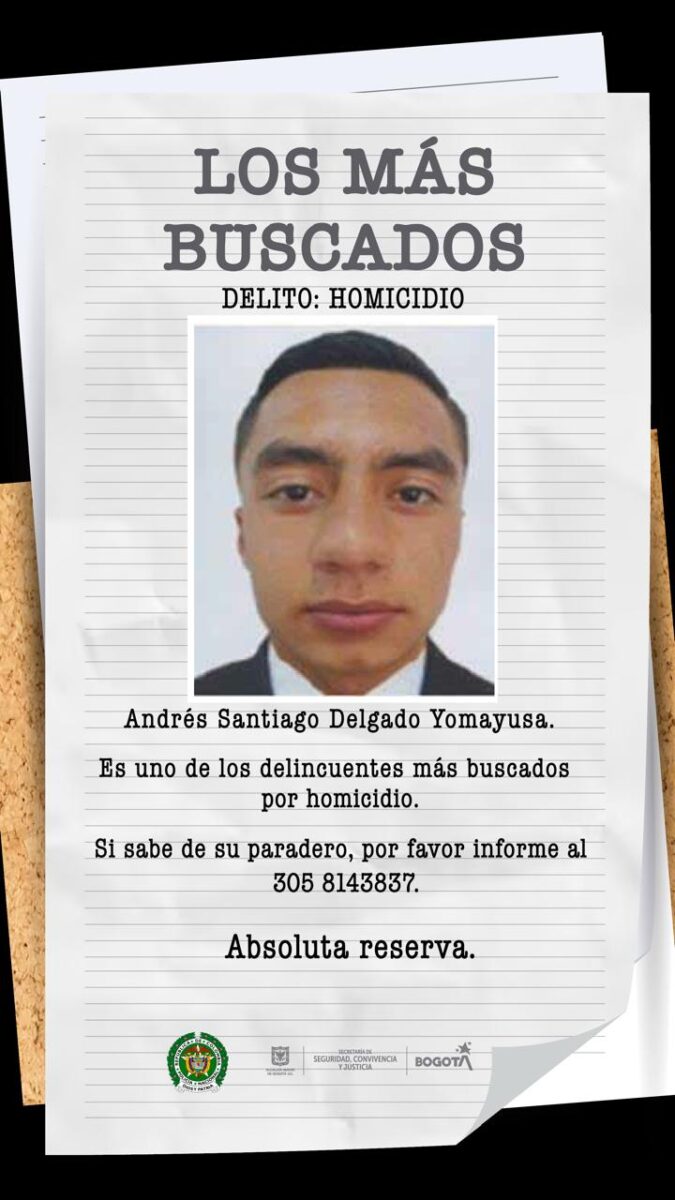 ¿Lo reconoce? Este es uno de los delincuentes más buscados por homicidio en Bogotá Las autoridades están ofreciendo una millonaria recompensa por información que permita la captura de Andrés Santiago Delgado Yomayusa, uno de los delincuentes más buscados por homicidio en la capital.