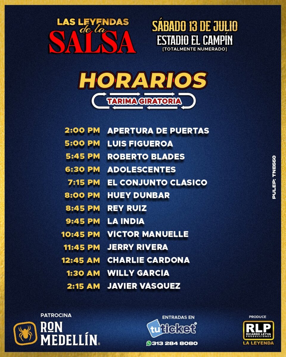 Prepárese para disfrutar de 'Las leyendas de la salsa' en El Campín Los artistas más grandes de la salsa están totalmente confirmados para este próximo sábado 13 de julio en el Estadio El Campín de Bogotá.