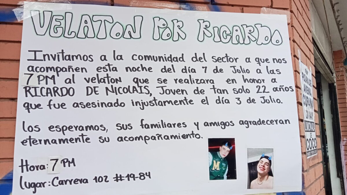 Ricardo fue asesinado en medio de riña por un arriendo en Fontibón Los familiares de Ricardo Alejandro De Nicolais (22 años) claman que su asesinato no quede impune. El joven falleció tras el infame ataque de arma blanca que recibió en medio de una riña por un tema del arriendo en el lugar donde vivía en Fontibón Centro.