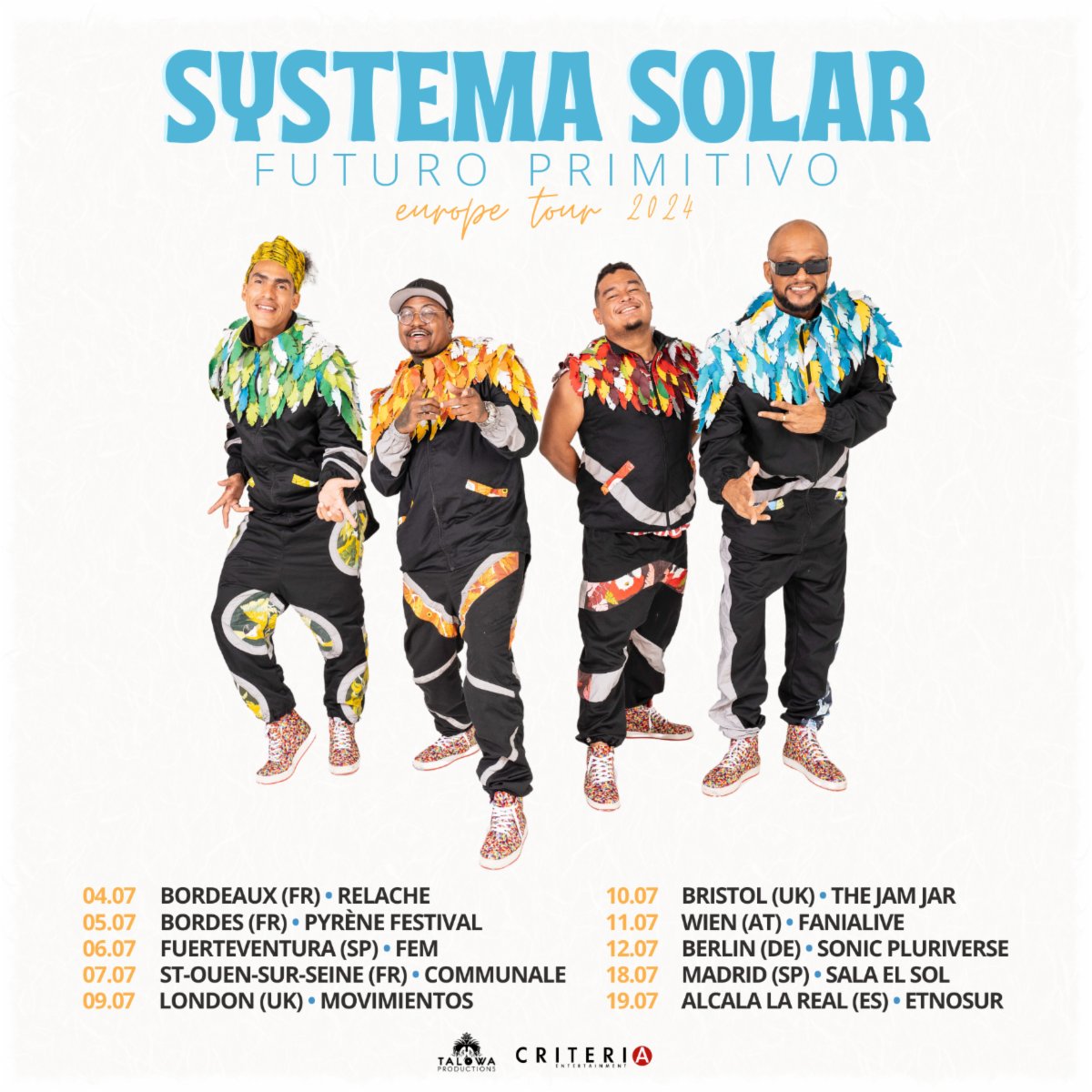 Systema Solar llevará su 'Futuro Primitivo' a Europa El colectivo músico visual Systema Solar estará de gira por Europa en el mes de Julio, llevando por diferentes países y ciudades los ritmos que los caracterizan, representando a Colombia y sus sonidos en los diferentes escenarios.