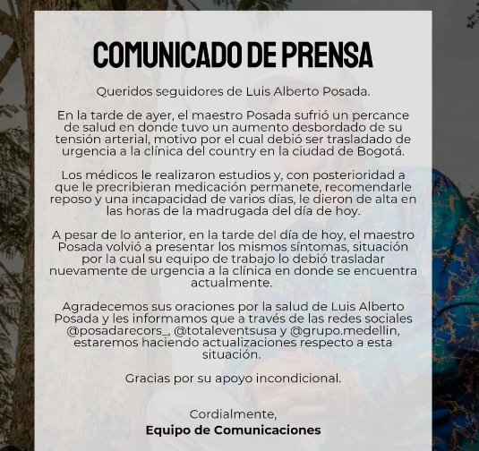 ¡Atención! Luis Alberto Posada fue hospitalizado de urgencia El músico sufrió problemas con la tensión arterial.