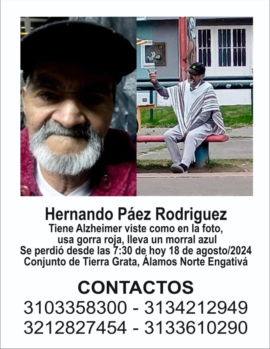 Familia busca a Hernando, un abuelo que desapareció en Suba Angustiosos días son los que están pasando las hijas de Hernando Páez Rodríguez, quien tiene 78 años y se encuentra desaparecido desde el pasado domingo.  