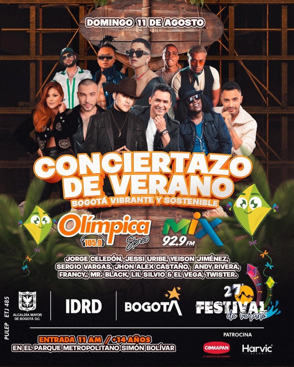 No se pierda el concierto de cierre del Festival de Verano Este domingo 11 de agosto, la versión número 27 del Festival de Verano de Bogotá llegará a su fin con un espectacular concierto en la Plaza de Eventos del Parque Simón Bolívar.