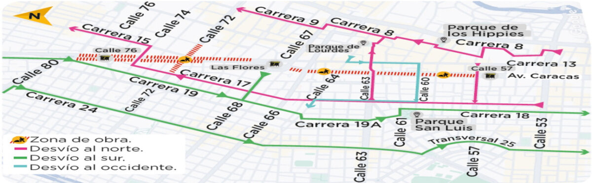 Habrá nuevos cierres y desvíos en la avenida Caracas Estos cierres se implementarán con el propósito de continuar con las obras de la Línea 1 del Metro de Bogotá, particularmente las relacionadas con la instalación de redes y la nivelación de los carriles centrales.