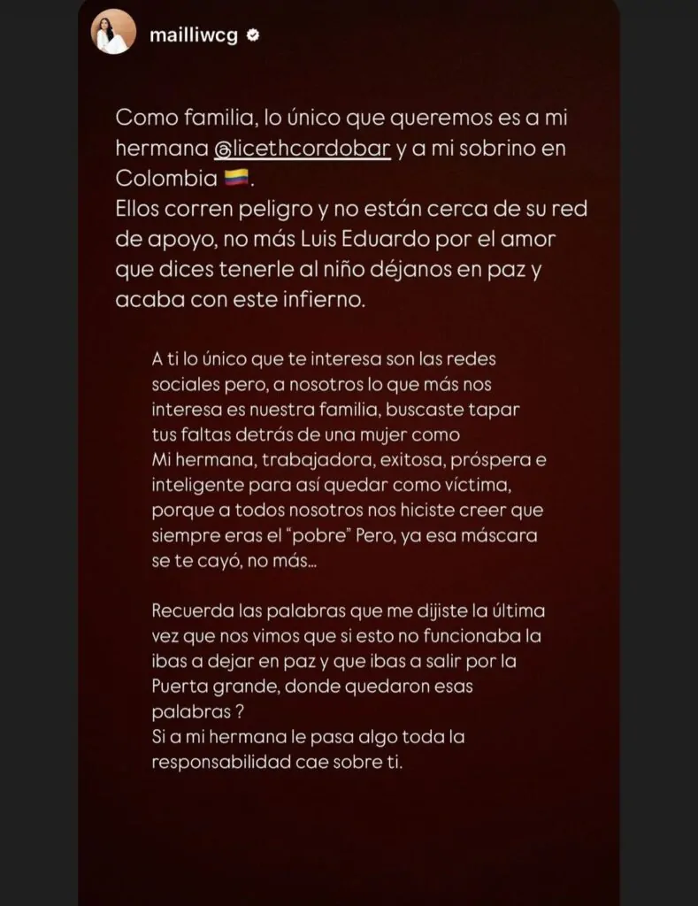 Hermana de Liceth Córdoba le envía desafiante mensaje a Lowe León: ¿Qué le dijo? A través de su cuenta de Instagram, Mailliw envió un mensaje directo a Lowe León, responsabilizándolo por el peligro que, según ella, enfrenta su hermana.