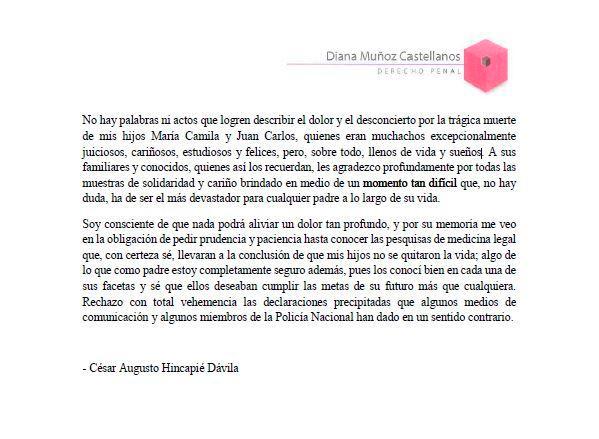 Padre de jóvenes envenenados asegura que sus hijos no se suicidaron: "Deseaban cumplir sus metas" César Augusto Hincapié Dávila aseguró que sus hijos no se quitaron la vida. Los hechos ocurrieron en el barrio La Isla de Medellín.