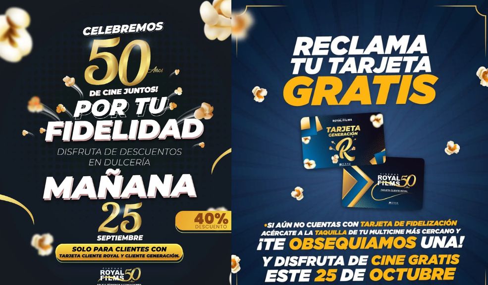 Royal Films celebra sus 50 años con descuentos increíbles y entradas gratuitas al cine Royal Films invita a todos los colombianos a unirse a esta gran celebración, donde el cine será el protagonista y el vehículo para compartir momentos inolvidables con amigos y familiares.