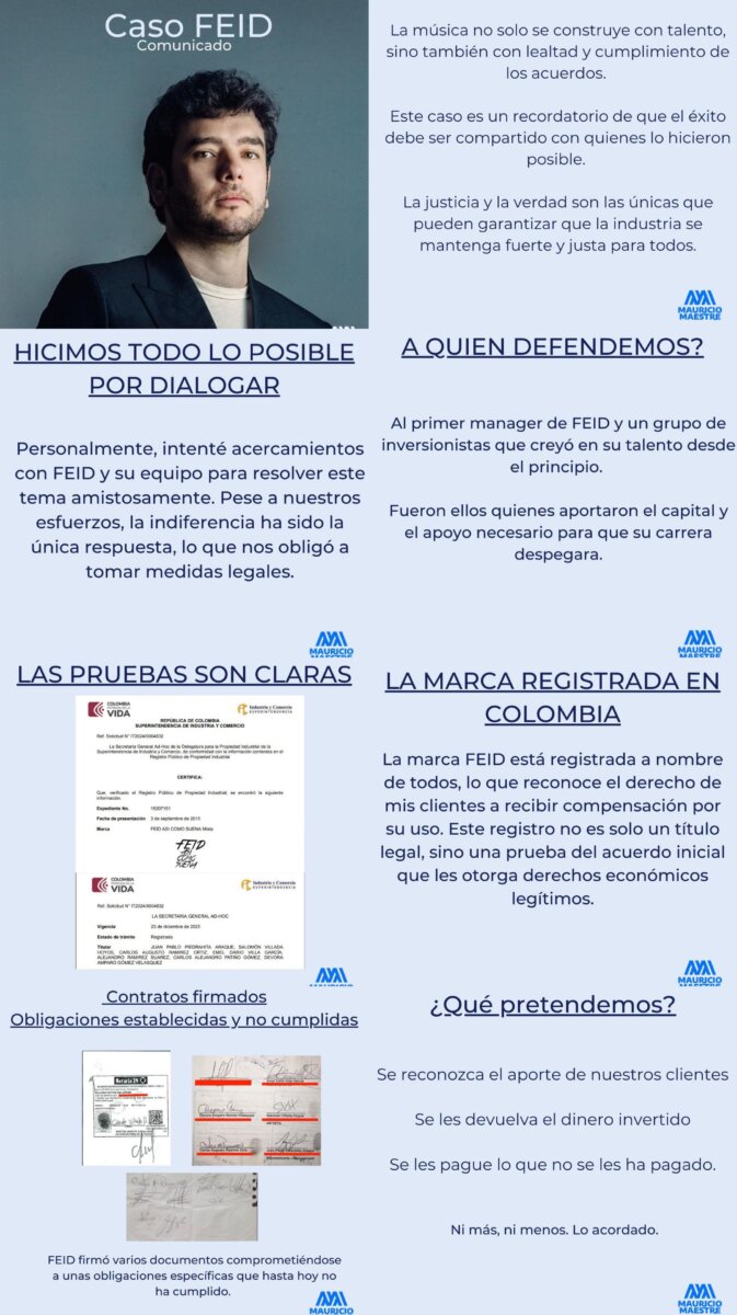 Feid fue demandado por supuesto incumplimiento de contrato El caso se centra en el presunto incumplimiento de un acuerdo firmado por Feid, en el que se comprometía a reconocer un porcentaje de sus ingresos a sus socios, quienes también registraron la marca 'FEID' en Colombia.