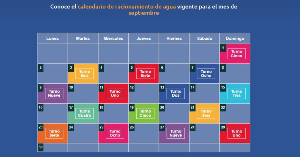 Vea el calendario de los cortes de agua para el mes de septiembre La Alcaldía Mayor de Bogotá y la Empresa de Acueducto y Alcantarillado de Bogotá (EAAB) informan a la ciudadanía que se mantendrán las restricciones de racionamiento de agua potable en la ciudad y en once municipios aledaños que se abastecen del Sistema Chingaza durante todo el mes de septiembre.