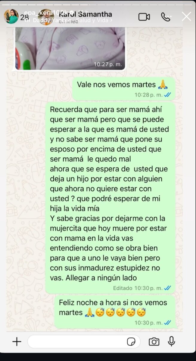 "Ser madre soltera nunca fue mi plan": Epa Colombia habría finalizado su relación Daneidy Barrera Rojas, más conocida como Epa Colombia, sorprendió a sus seguidores al compartir a través de sus historias de Instagram varias capturas de pantalla que revelan conversaciones íntimas con su actual pareja, Karol Samantha. Los mensajes, aunque no detallan los motivos, sugieren que su relación con Karol ha llegado a su fin, y que su ex, Diana Celis, podría estar involucrada en esta separación.