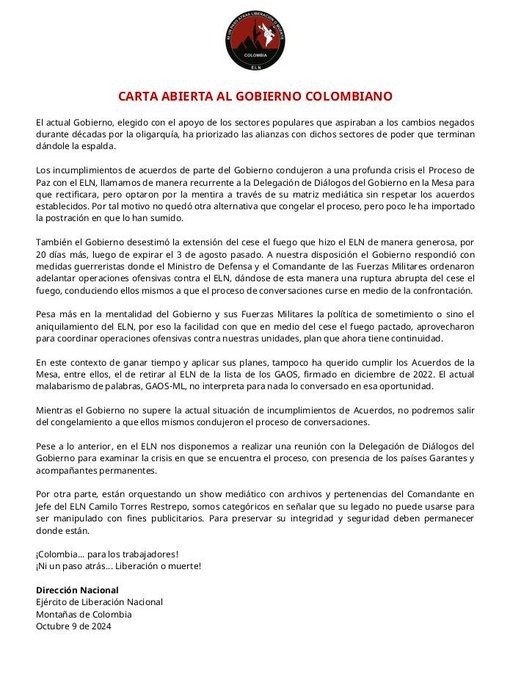 El Gobierno aceptó la propuesta del ELN de sentarse a dialogar La noche del miércoles, el Ejército de Liberación Nacional (ELN) comunicó su disposición a abordar las complicaciones e incumplimientos que se presentaron durante los diálogos de paz con el Gobierno Petro.