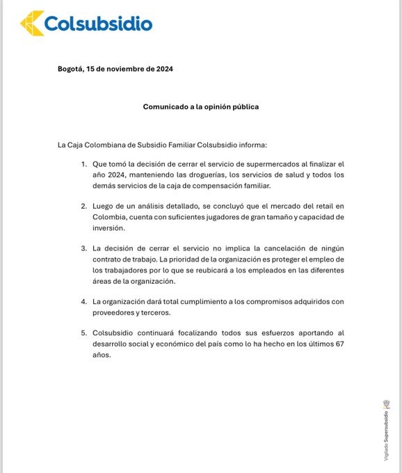 Colsubsidio cerrará sus supermercados en Colombia, ¿por qué? La Caja Colombina de Subsidio Familiar Colsubsidio informó que cerrará el servicio de supermercados al finalizar este año.