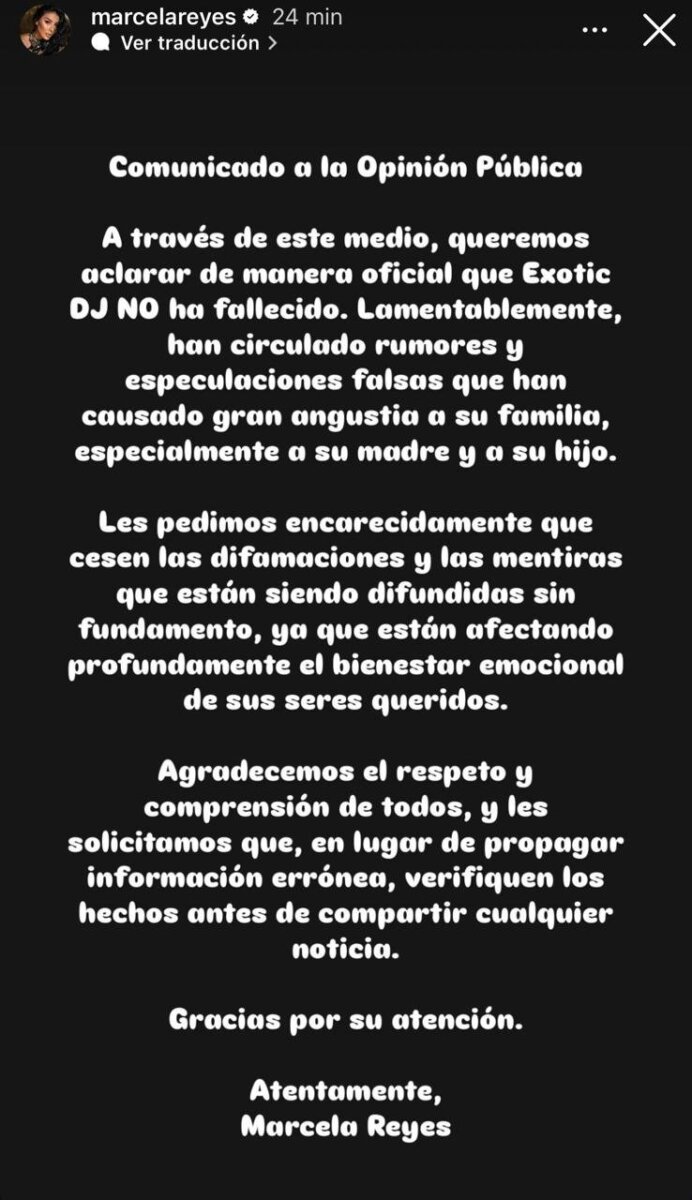 Marcela Reyes reveló cuál es el verdadero estado de salud de DJ Exotic La tarde de este jueves circularon rumores sobre la muerte de DJ Exotic, quien fue herido en un ataque a bala en un motel de Cali. Sin embargo, Q'HUBO conoció de buena fuente que el artista aún está vivo.