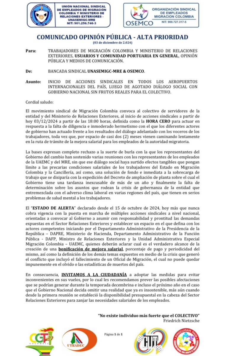 Inicia huelga de funcionarios de Migración Colombia; recomiendan llegar con tiempo al aeropuerto El Dorado Las aerolíneas le recomiendan a los pasajeros llegar con 3 horas de anticipación y revisar constantemente el estado de sus vuelos.